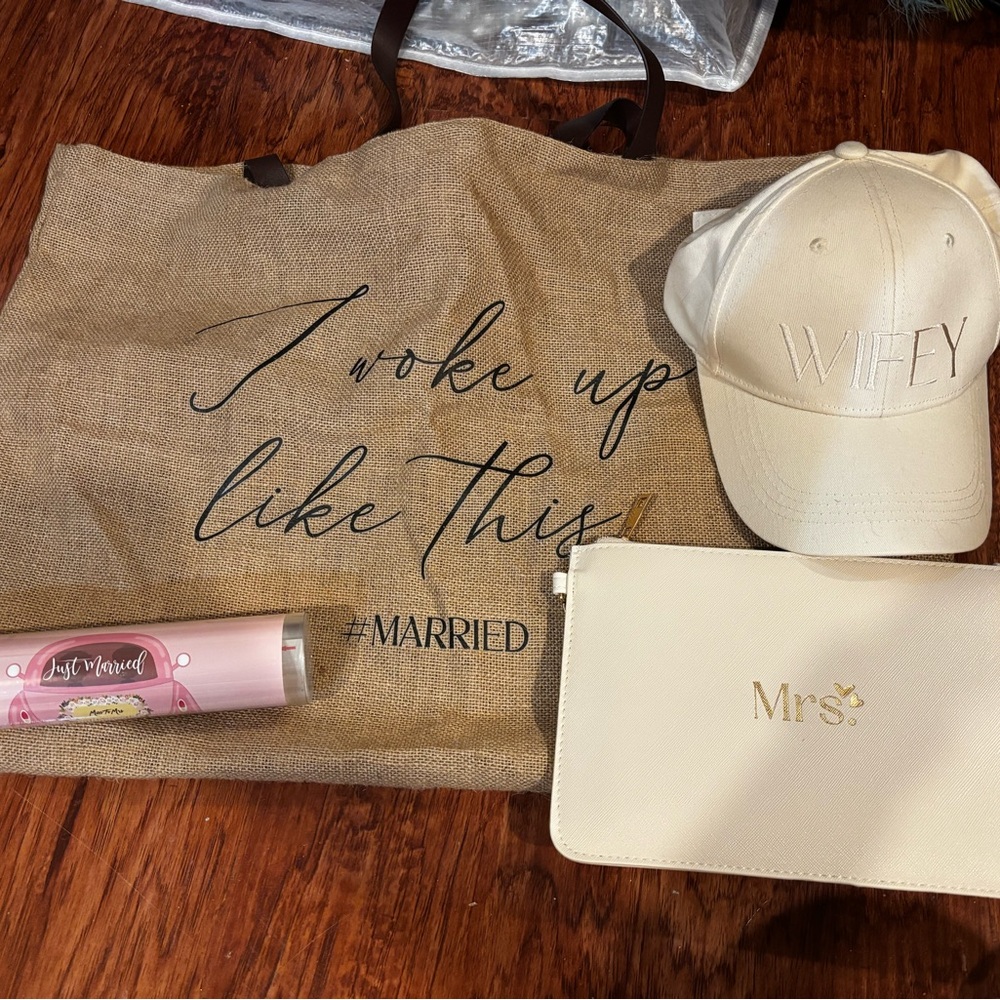 Beige 'Wifey' Cap and 'Mrs.' Pouch Set